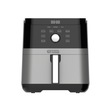 جنرال سوبريم قلاية هوائية، 11قائمة للطهي، 1850-1550 واط، وظائف متعددة، وعاء غيرلاصق، سعة 5.5 لتر، تدفق هواء ثلاثي الأبعاد، درج قابل للإزالة، نطاق حراري من 80 إلى 200درجة مئوية، مؤقت دقائق إلى ساعة، قدر ألمونيوم، لون فضي
