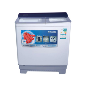 غسالة حوضين جنرال سوبريم 15 كيلو ، تصميم أنيق ، باب زجاجي مقوي ، مقابض تحكم ، حوض كامل من الستانلس ستيل ، محركنحاسي ، مؤقت غسيل ، مؤقت عصر